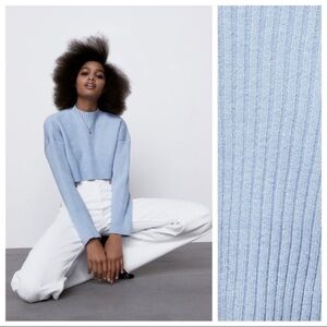 NWT. Zara Light Blue Knit Cropped Sweater. Size S.